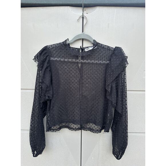 Zara Black Sheer Polka Dot Ruffled Long Sleeve Mock Neck Top Sz S Whimsygoth - Picture 3 of 8